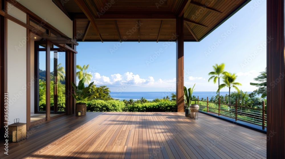 view from a modern wooden porch overlooking a serene ocean and lush greenery. Perfect for relaxation and inspiration. view from a modern wooden porch overlooking a serene ocean and lush greenery. Perfect for relaxation and inspiration.