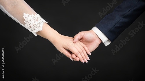 A bride and groom holding hands, symbolizing love and commitment in a beautiful wedding moment.