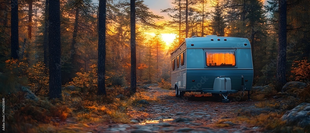 a blue travel trailer parked in a forest at sunset. rv camper in sunset forest, outdoor adventure, travel and leisure, rv camping a blue travel trailer parked in a forest at sunset. rv camper in sunset forest, outdoor adventure, travel and leisure, rv camping