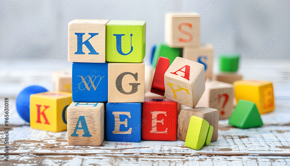 Wooden cubes with letters and baby toys on light background Wooden cubes with letters and baby toys on light background