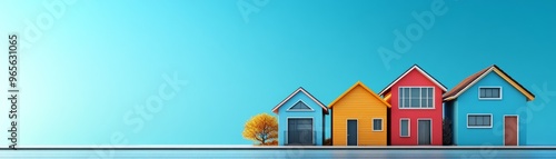 Minimalist 3D Townhouses Illustration on Blue Background with Copy Space for Text - Cute Style Modern Design Banner