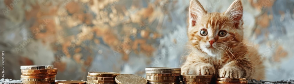 Watercolor style, coins stacked with pet images, investments, financial success through pets Watercolor style, coins stacked with pet images, investments, financial success through pets