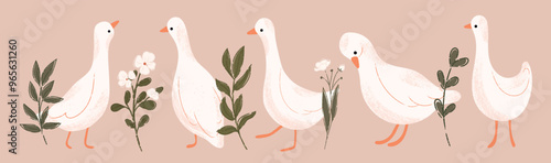 Cute geese and floral seamless border. White goose and wildflower. Hand drawn vector illustration.