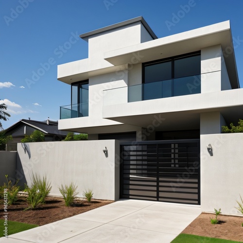 Modern luxury house with a well-manicured lawn..