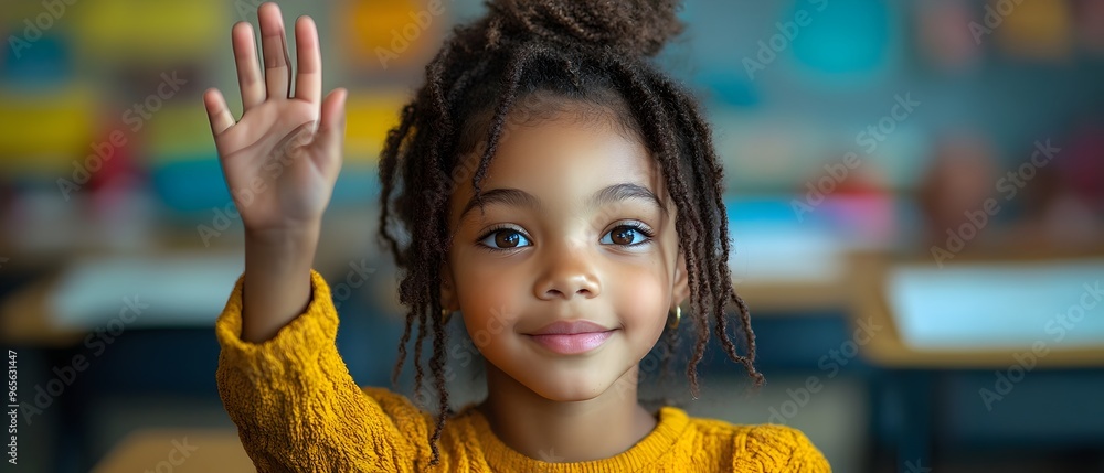 an african american girl raises her hand in a classroom. first grader ...
