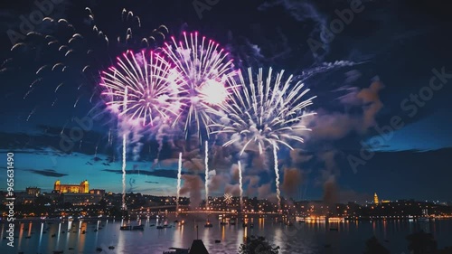 A dazzling display of colorful fireworks lights up the night sky above a bustling city skyline, reflecting beautifully on the water below. 