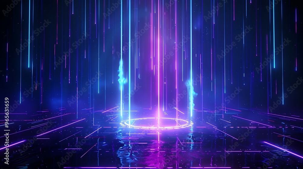 Vibrant neon lights create a futuristic atmosphere with cascading beams and a glowing circle on a reflective surface. Stage for product presentation. Vibrant neon lights create a futuristic atmosphere with cascading beams and a glowing circle on a reflective surface. Stage for product presentation.