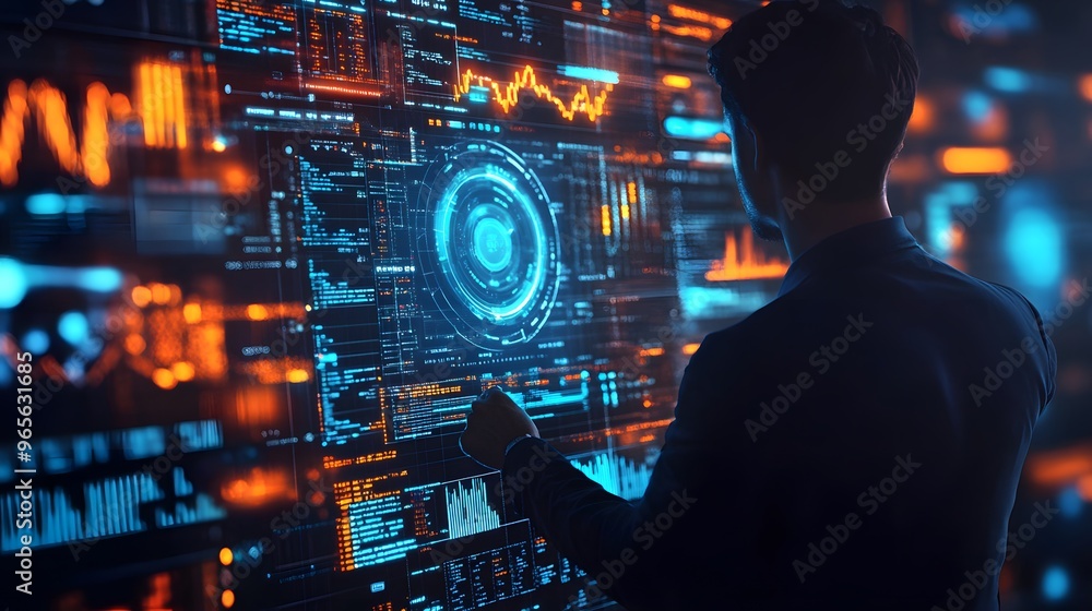Futuristic data analysis concept with man interacting with digital interface and advanced technology visuals
Futuristic data analysis concept with man interacting with digital interface and advanced technology visuals