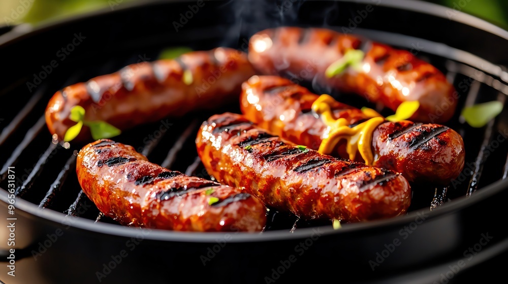 Juicy sausage links sizzling on a grill, charred and smoky, served with mustard, rustic and hearty Juicy sausage links sizzling on a grill, charred and smoky, served with mustard, rustic and hearty