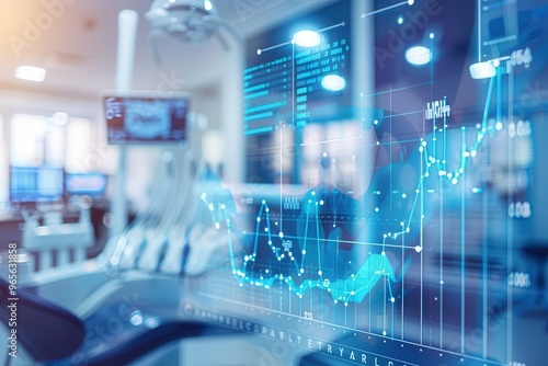 watercolor style, Dentist in a clinic with investment graphs in the background, dentist care, financial growth art
