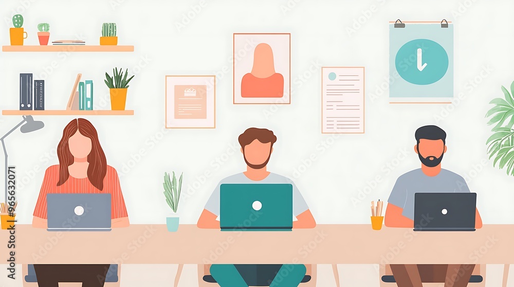 Modern Flat Design Remote Work Concept of People Using Laptops from Home for Enhanced Productivity at a Distance Modern Flat Design Remote Work Concept of People Using Laptops from Home for Enhanced Productivity at a Distance
