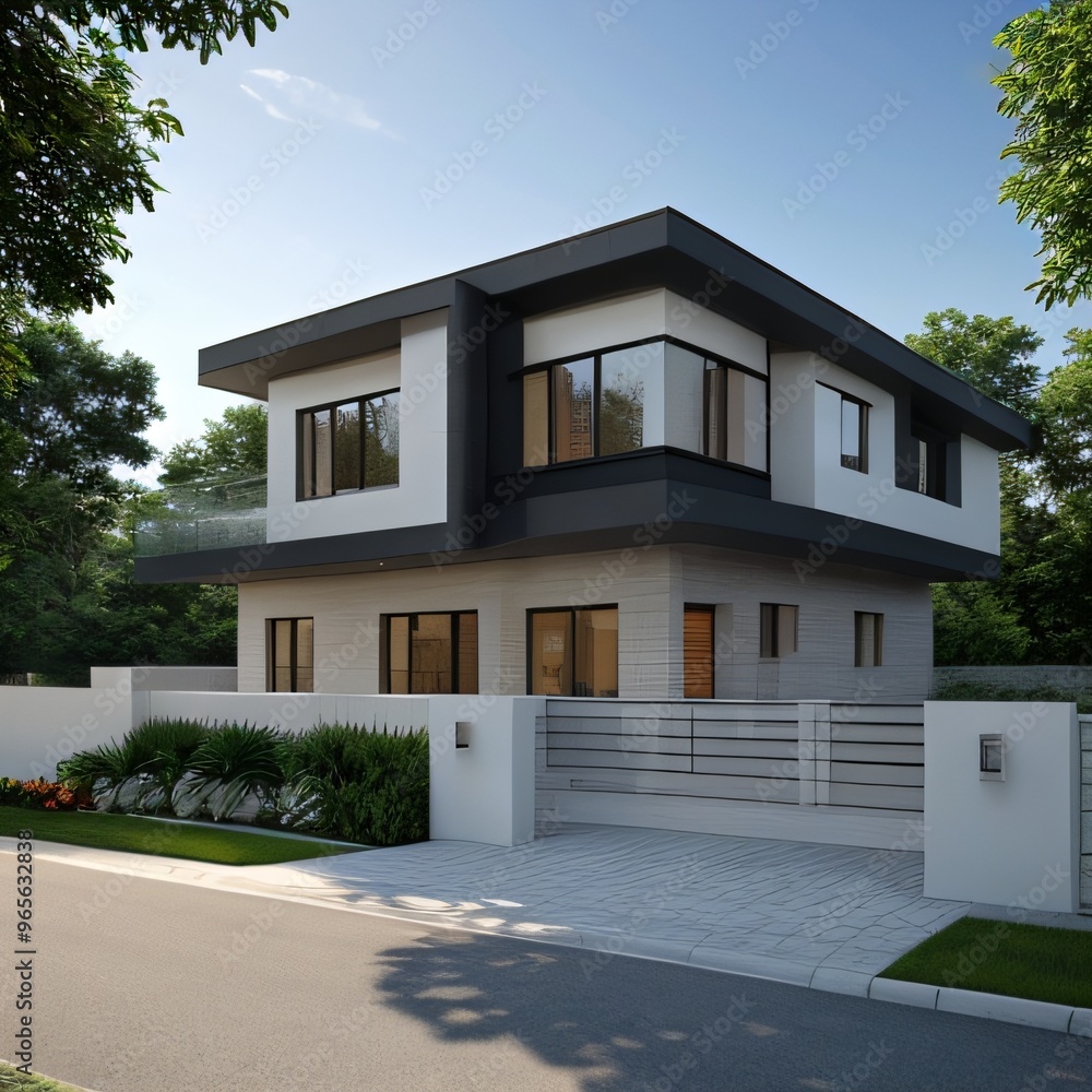 Fototapeta premium Modern luxury house with a well-manicured lawn..