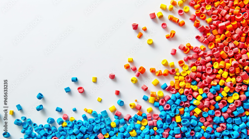 Obraz premium Top view of colorful polymer masterbatch granules, light background, industrial plastic template. Generative AI