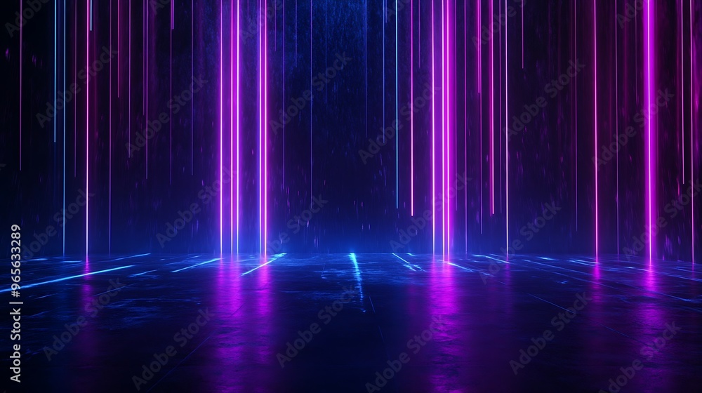 Vibrant neon lights create a stunning visual effect with colorful beams illuminating a dark background. Stage for product presentation. Vibrant neon lights create a stunning visual effect with colorful beams illuminating a dark background. Stage for product presentation.