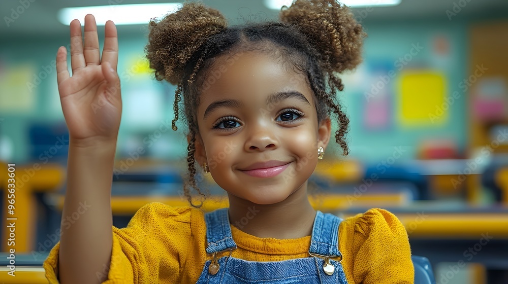 an african american girl raises her hand in a classroom. first grader ...
