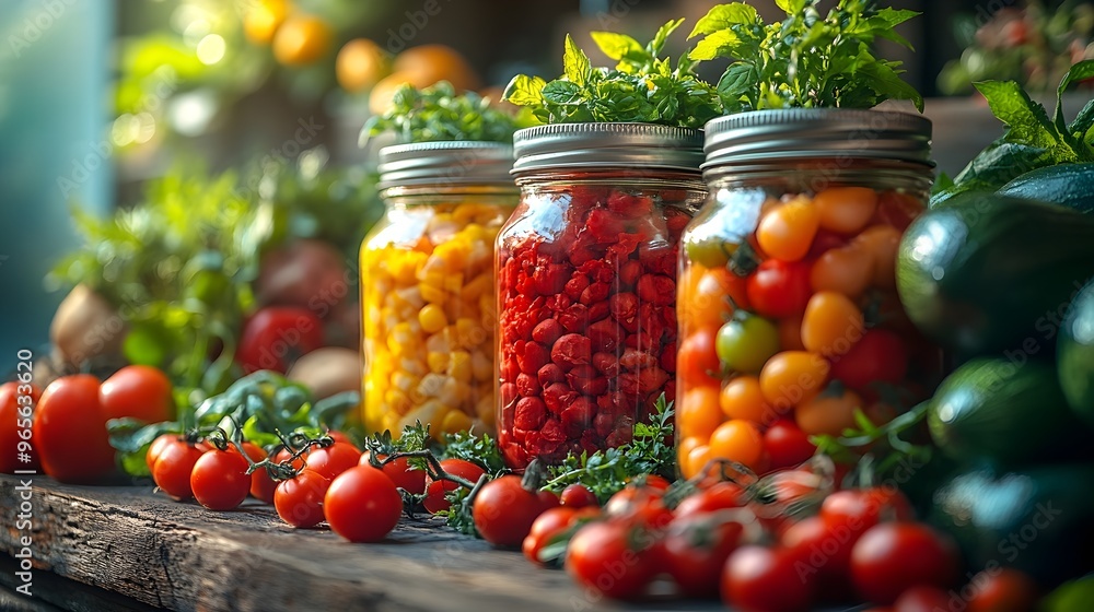 glass jars filled with colorful vegetables on a wooden table. glass jars with vegetables, food preservation, organic vegetables, healthy living glass jars filled with colorful vegetables on a wooden table. glass jars with vegetables, food preservation, organic vegetables, healthy living