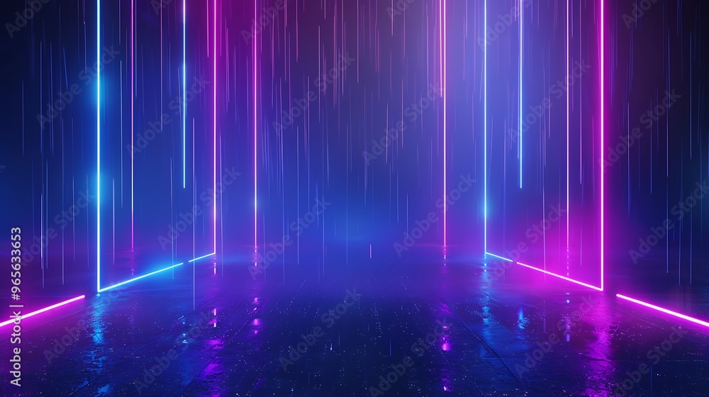 Vibrant neon lights creating a futuristic atmosphere with colorful reflections on a wet surface, ideal for modern visuals. Stage for product presentation. Vibrant neon lights creating a futuristic atmosphere with colorful reflections on a wet surface, ideal for modern visuals. Stage for product presentation.