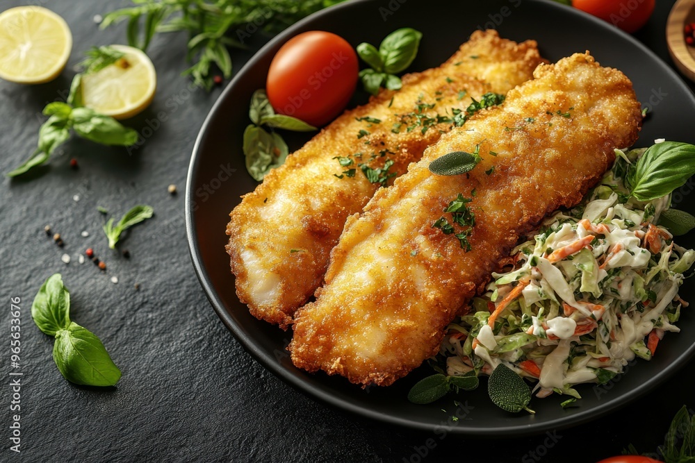 Crispy buttermilk fried catfish with coleslaw, placed on the right side of a dark stone table, professional overhead shot. Crispy buttermilk fried catfish with coleslaw, placed on the right side of a dark stone table, professional overhead shot.