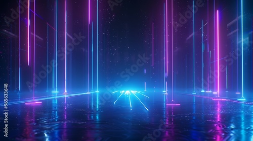 Vibrant neon lights create an immersive futuristic atmosphere with striking colors and reflections on a wet surface. Stage for product presentation.