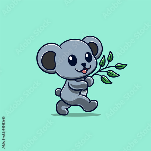 cute koala walking and holding eucalyptus cartoon