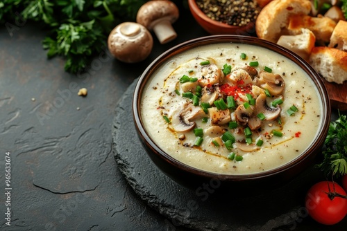 Creamy mushroom soup topped with chives, placed on the right side of a dark stone table, professional overhead shot.