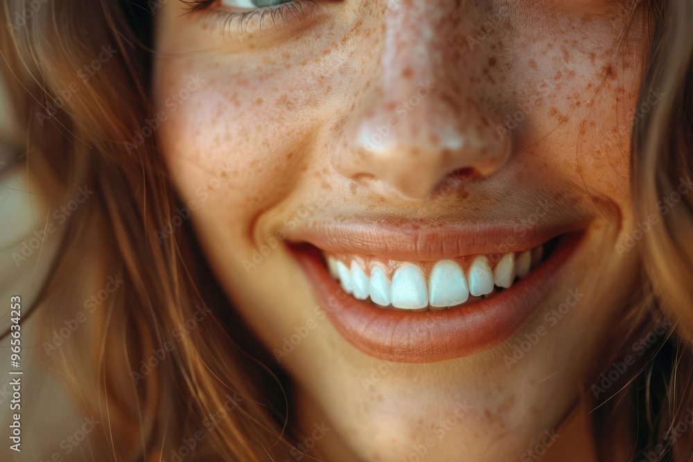 Close-up portrait of a smiling woman with freckles and bright white teeth. Close-up portrait of a smiling woman with freckles and bright white teeth.