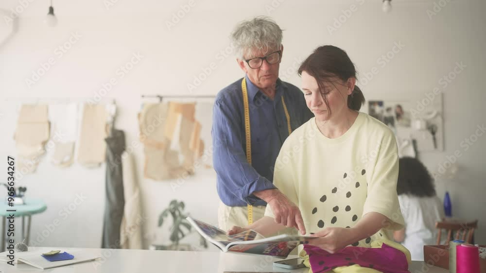 Woman showing magazine with samples of clothes for creating new collection of stylish garments. Man with glasses and measuring tape around his neck choosing best options from catalog. Fashion concept. Woman showing magazine with samples of clothes for creating new collection of stylish garments. Man with glasses and measuring tape around his neck choosing best options from catalog. Fashion concept.