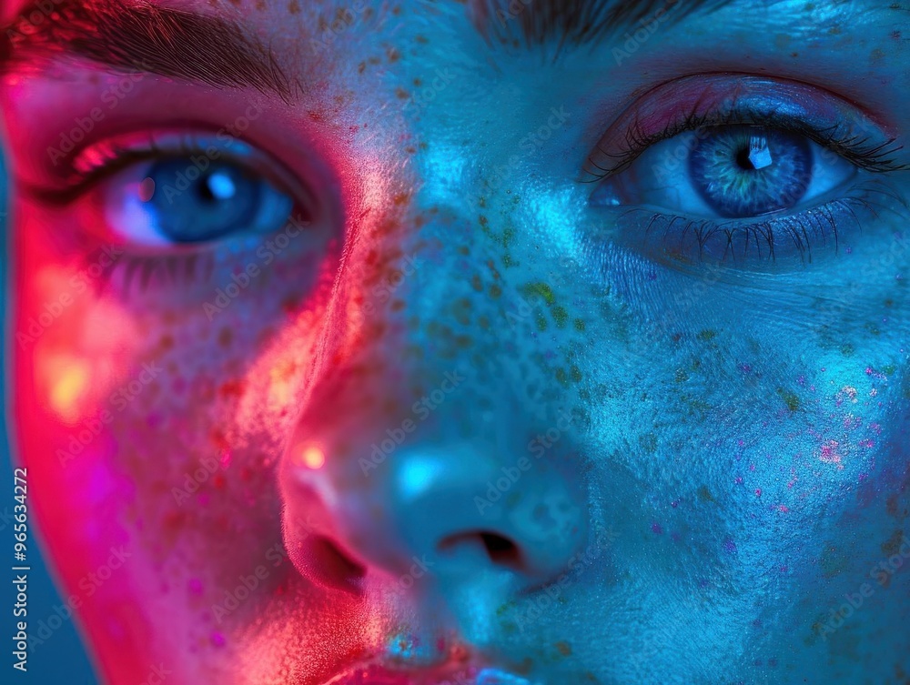 Close-up portrait of a woman's face illuminated by vibrant pink and blue light, showcasing her freckles and piercing blue eyes. Close-up portrait of a woman's face illuminated by vibrant pink and blue light, showcasing her freckles and piercing blue eyes.