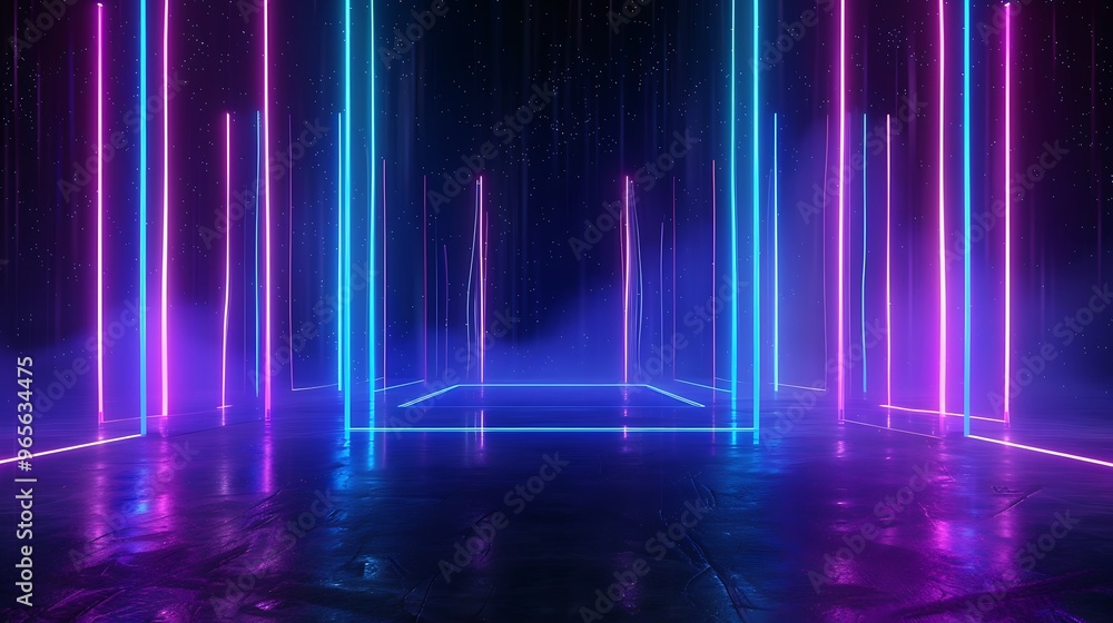 Vibrant neon lights illuminate a mysterious space, creating an atmospheric fog with colorful beams in striking purple and blue hues. Stage for product presentation. Vibrant neon lights illuminate a mysterious space, creating an atmospheric fog with colorful beams in striking purple and blue hues. Stage for product presentation.