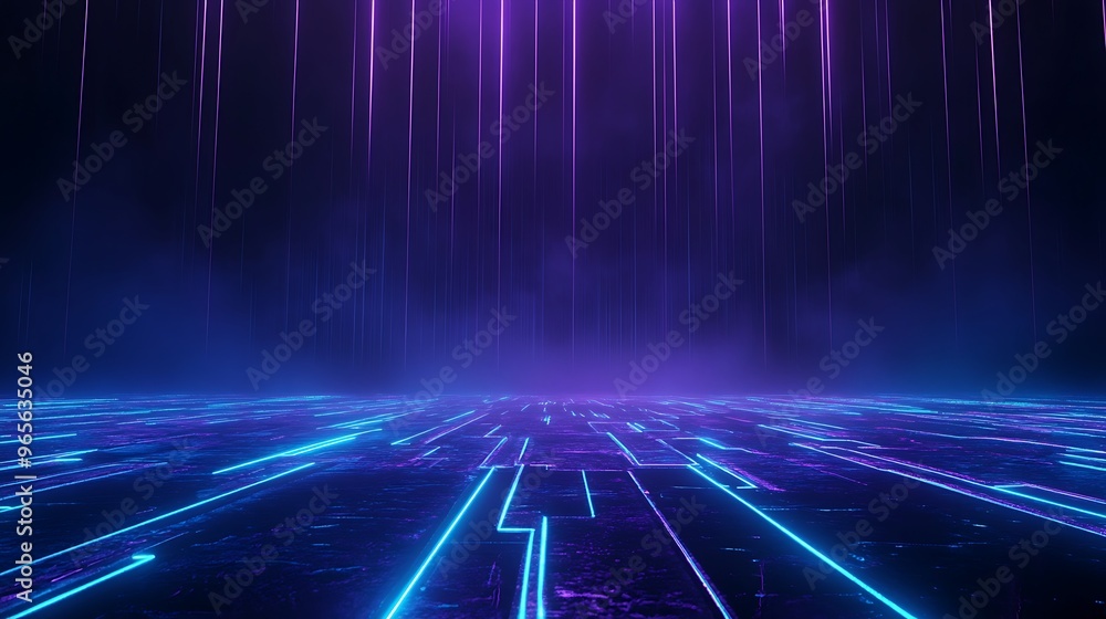 Vibrant neon lines create a futuristic landscape, illuminated by purple and blue lights, perfect for technology-themed visuals. Stage for product presentation. Vibrant neon lines create a futuristic landscape, illuminated by purple and blue lights, perfect for technology-themed visuals. Stage for product presentation.