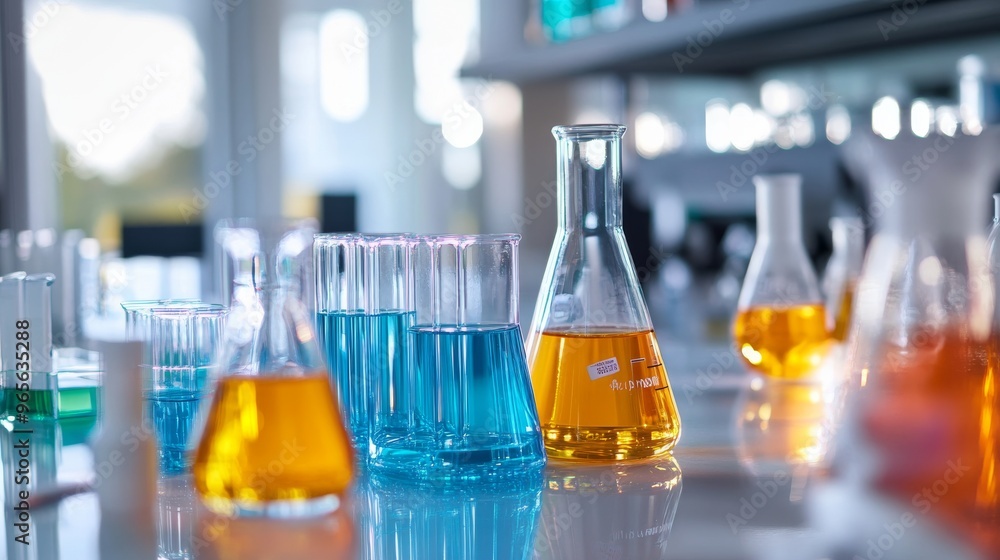 A biochemistry lab with colorful reactions taking place in various glassware, A biochemistry lab with colorful reactions taking place in various glassware,