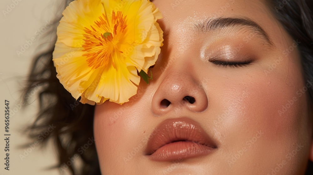 A beautiful plus-size woman holds a flower to her right eye, highlighting the contrast between her skin and the floral hue. A beautiful plus-size woman holds a flower to her right eye, highlighting the contrast between her skin and the floral hue.
