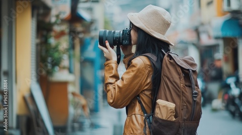 Woman with Camera in Urban Street