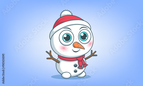 Vector cute cartoon kawaii big eyed little smiling snowman baby in red hat and scarf. Winter toon, animation. Blue light background.