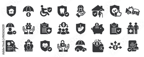 Insurance glyph solid icons collection. Containing protection, health, shield, secure. Minimal icon and symbol series vector illustration