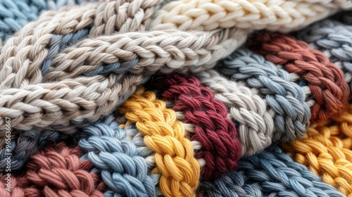 Close-up shot of a scarf featuring elaborate cable patterns in deep burgundy and gold hues, with clear depiction of texture and design.