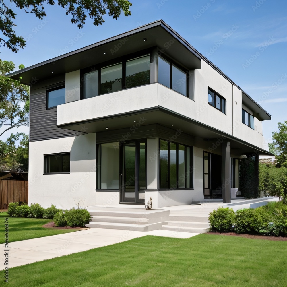 Fototapeta premium Modern luxury house with a well-manicured lawn..