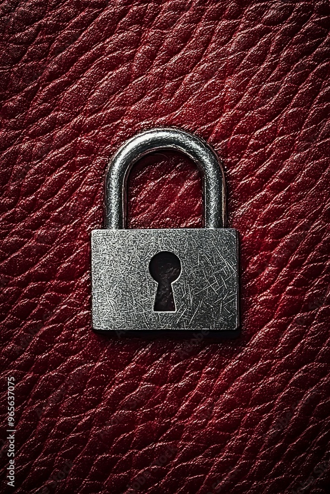 Fototapeta premium A textured maroon leather background with a silver padlock icon in the middle, symbolizing security with a touch of elegance.