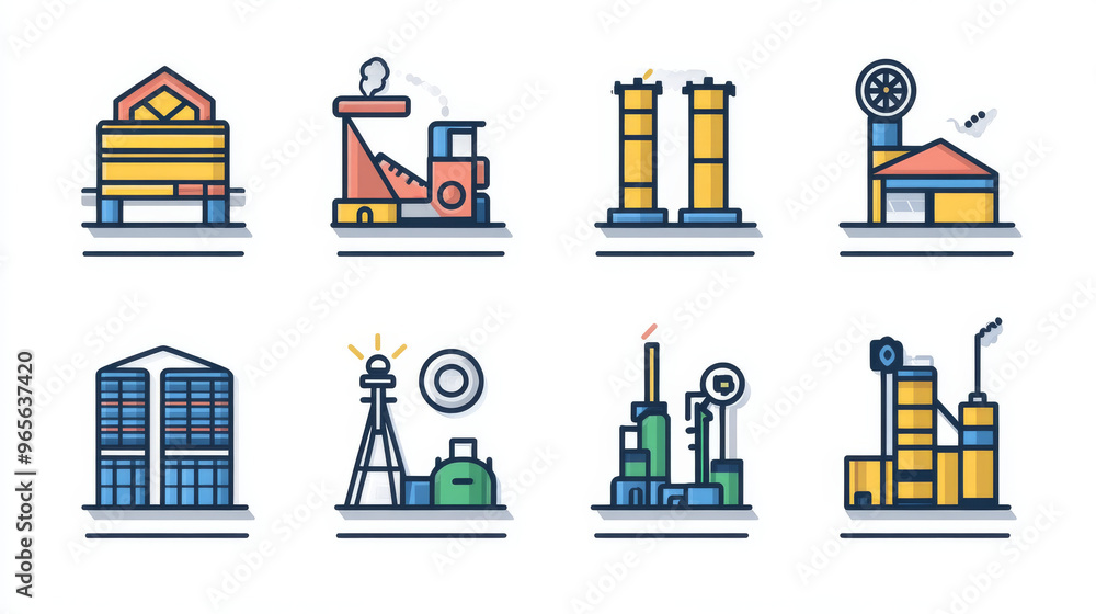This set of icons represents different aspects of manufacturing, like factories, machines, warehouses, and the production process. They are simple, solid icons designed for use in digital projects. This set of icons represents different aspects of manufacturing, like factories, machines, warehouses, and the production process. They are simple, solid icons designed for use in digital projects.