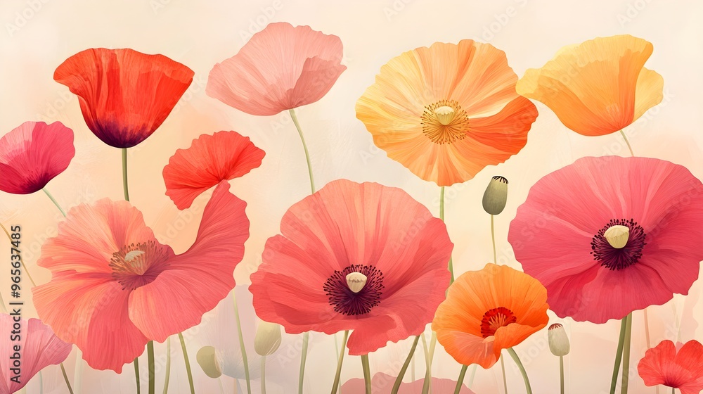 Red, pink, and orange poppy flowers forming a vivid illusion Red, pink, and orange poppy flowers forming a vivid illusion