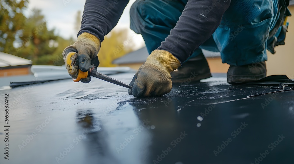 Roofer Working on Flat Roof A roofer spreading adhesive on a flat roof, wearing gloves and using precise tools to ensure an even application. Roofer Working on Flat Roof A roofer spreading adhesive on a flat roof, wearing gloves and using precise tools to ensure an even application.