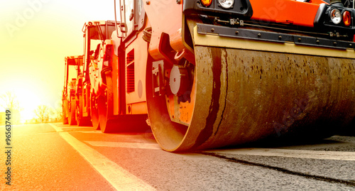 Photography Roller lays new asphalt on the road