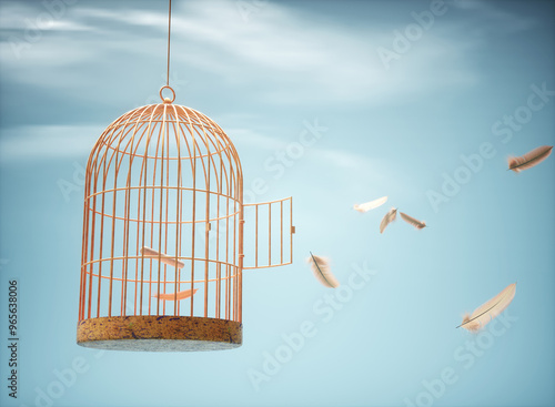 Behang Birdcage with open door and feathers floating in the air.
