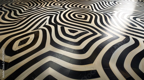 Abstract patterned floor with wavy black and white designs creating a dynamic visual effect.