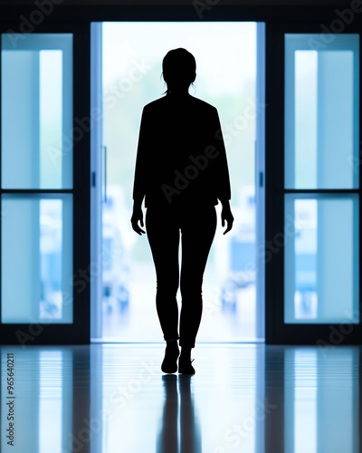 Silhouette of a person walking out of a hospital, leaving chemotherapy behind, symbolizing survival photo