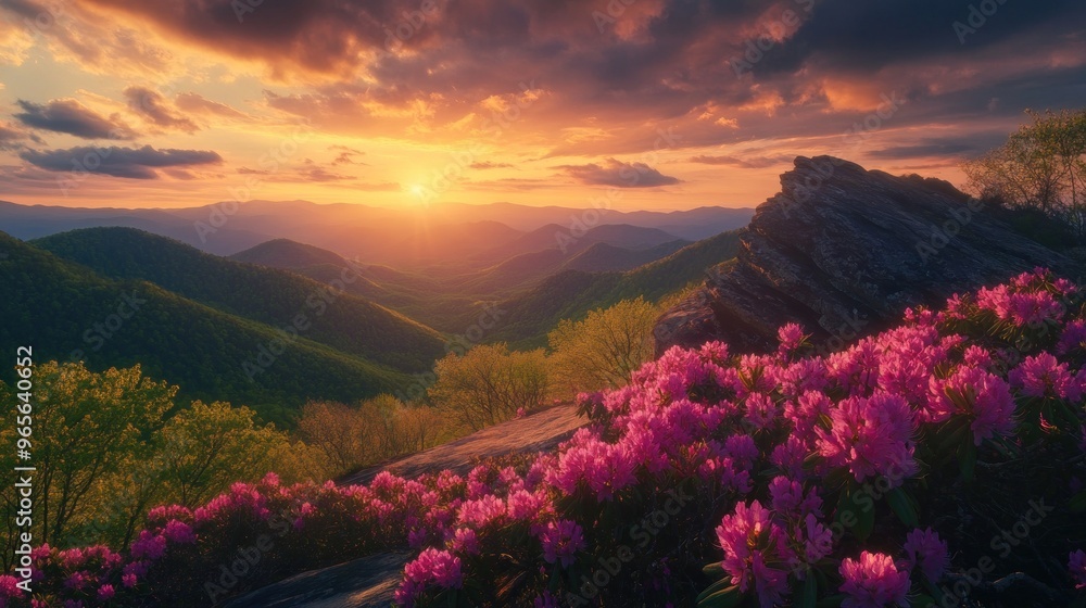 Mountain Sunset with Rhododendrons