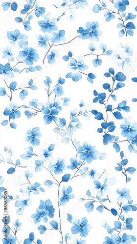 Aesthetic modern pattern with small boho flowers, white and pastel blue colors, invitation template. Generative AI