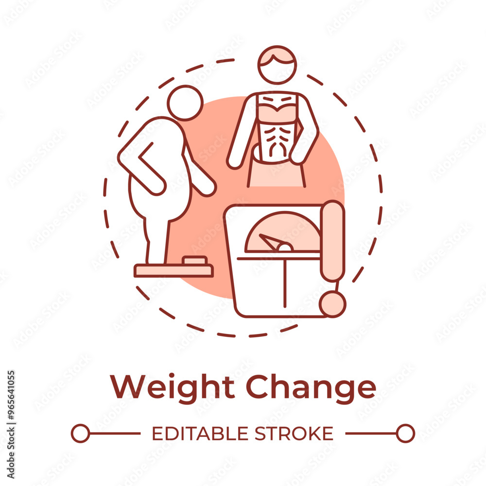 Weight change soft red concept icon. Cancer symptom. Unexpected weight loss and gain. Metabolic syndrome. Round shape line illustration. Abstract idea. Graphic design. Easy to use in article Weight change soft red concept icon. Cancer symptom. Unexpected weight loss and gain. Metabolic syndrome. Round shape line illustration. Abstract idea. Graphic design. Easy to use in article