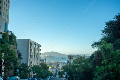 Street of San Francisco with hills in the background