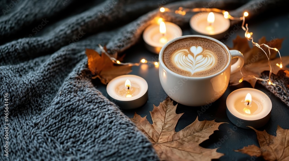 A tranquil evening scene with a pumpkin spice coffee A tranquil evening scene with a pumpkin spice coffee